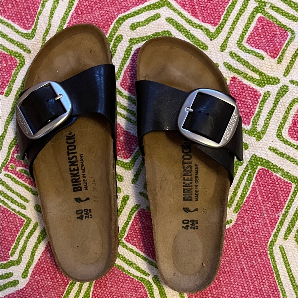 Birkenstock Black Slides with Metallic Buckle